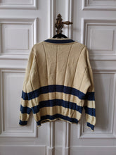 Load image into Gallery viewer, The Fisherman Cream Blue Stripe Cardigan Jacket | Vintage Creazioni Luxus Firenze cotton blend embroidery patch knit knitted M-L
