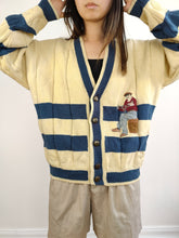 Load image into Gallery viewer, The Fisherman Cream Blue Stripe Cardigan Jacket | Vintage Creazioni Luxus Firenze cotton blend embroidery patch knit knitted M-L

