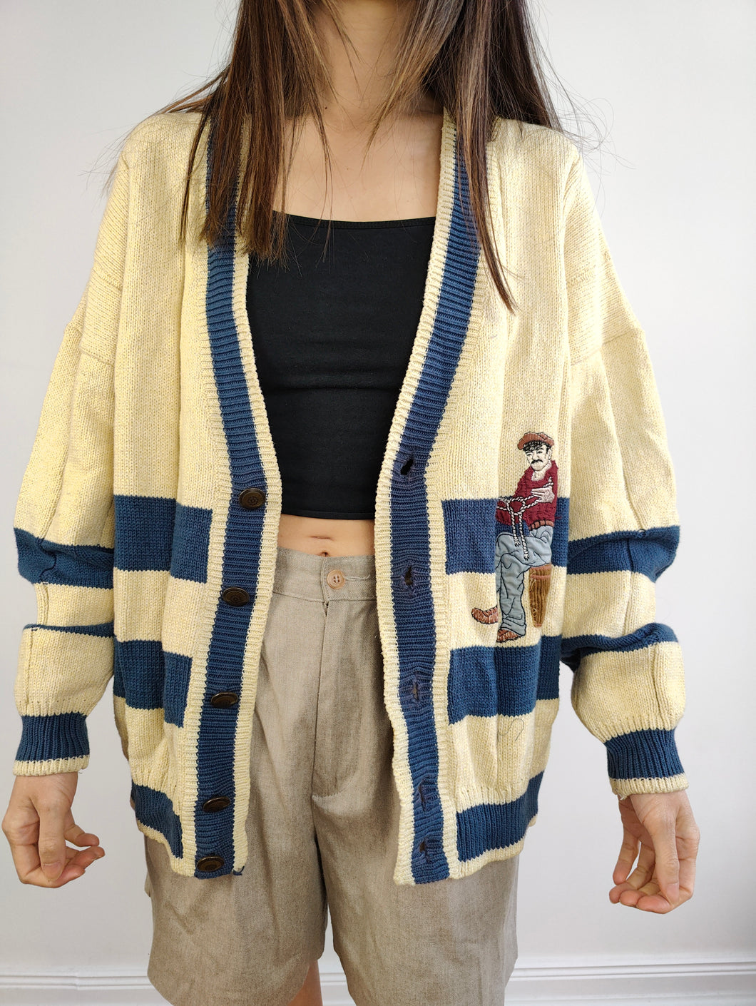 The Fisherman Cream Blue Stripe Cardigan Jacket | Vintage Creazioni Luxus Firenze cotton blend embroidery patch knit knitted M-L