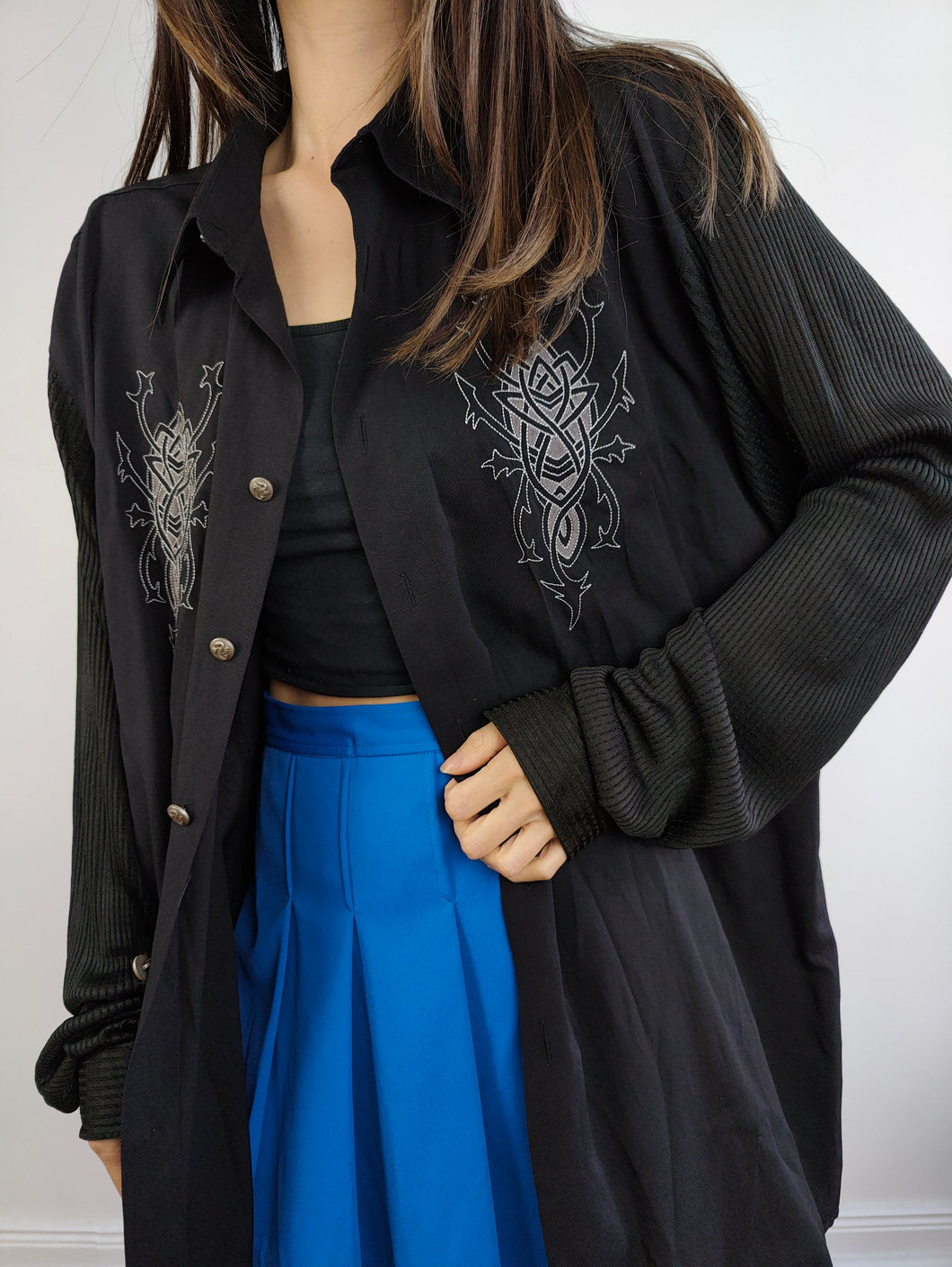 The 90s Tribal Tattoo Embroidery Black Shirt | Vintage Missionary long sleeve tribals embroidered button up unisex men women L-XL