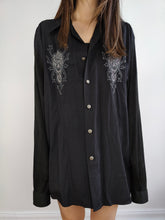 Load image into Gallery viewer, The 90s Tribal Tattoo Embroidery Black Shirt | Vintage Missionary long sleeve tribals embroidered button up unisex men women L-XL
