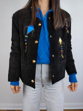 Load image into Gallery viewer, The 80s Dino&#39;z Suede Leather Black Kite Jacket | Vintage real leather patchwork embroidery blazer short jacket D38 I44 S
