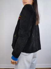 Load image into Gallery viewer, The 80s Dino&#39;z Suede Leather Black Kite Jacket | Vintage real leather patchwork embroidery blazer short jacket D38 I44 S
