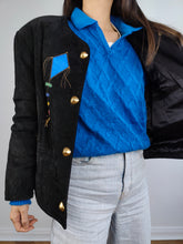 Load image into Gallery viewer, The 80s Dino&#39;z Suede Leather Black Kite Jacket | Vintage real leather patchwork embroidery blazer short jacket D38 I44 S
