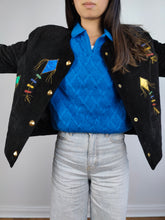 Load image into Gallery viewer, The 80s Dino&#39;z Suede Leather Black Kite Jacket | Vintage real leather patchwork embroidery blazer short jacket D38 I44 S
