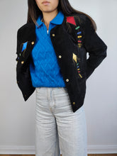 Load image into Gallery viewer, The 80s Dino&#39;z Suede Leather Black Kite Jacket | Vintage real leather patchwork embroidery blazer short jacket D38 I44 S
