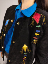 Load image into Gallery viewer, The 80s Dino&#39;z Suede Leather Black Kite Jacket | Vintage real leather patchwork embroidery blazer short jacket D38 I44 S
