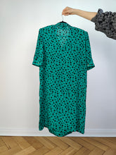 Load image into Gallery viewer, The Silk Turquoise Polka Dot Pattern Dress | Vintage Lola Kay made in Italy green black dots print midi shirt dress IT46 M
