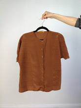 Load image into Gallery viewer, The Silk Brown Plain Short Sleeve Blouse | Vintage Diva structural stripes shirt women top S
