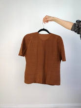 Load image into Gallery viewer, The Silk Brown Plain Short Sleeve Blouse | Vintage Diva structural stripes shirt women top S
