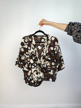 Load image into Gallery viewer, The Brown Cream Coffee Pattern Blouse | Vintage Marino Rinaldi made in Italy wrap print short sleeve women top M
