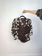 Load image into Gallery viewer, The Brown Cream Coffee Pattern Blouse | Vintage Marino Rinaldi made in Italy wrap print short sleeve women top M
