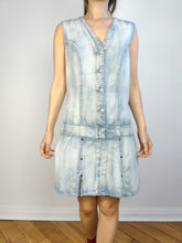 Load image into Gallery viewer, The Wrangler Light Blue Denim Mini dress | Vintage Y2K light white wash jeans spring summer short low waist skirt dress M
