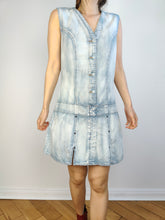 Load image into Gallery viewer, The Wrangler Light Blue Denim Mini dress | Vintage Y2K light white wash jeans spring summer short low waist skirt dress M
