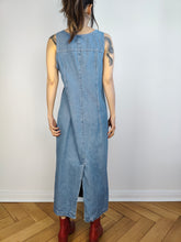Load image into Gallery viewer, The Dungaree Maxi Denim Dress | Vintage 90s John Baner Overall light blue jeans spring summer long straight dress S-M
