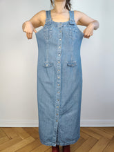 Load image into Gallery viewer, The Dungaree Maxi Denim Dress | Vintage 90s John Baner Overall light blue jeans spring summer long straight dress S-M
