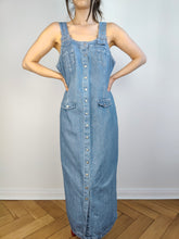 Load image into Gallery viewer, The Dungaree Maxi Denim Dress | Vintage 90s John Baner Overall light blue jeans spring summer long straight dress S-M
