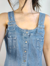Load image into Gallery viewer, The Dungaree Maxi Denim Dress | Vintage 90s John Baner Overall light blue jeans spring summer long straight dress S-M
