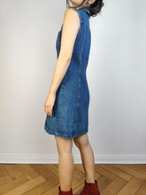 Lade das Bild in den Galerie-Viewer, Das Morgan Dark Blue Denim Minikleid | Vintage Y2K dunkle Indigo Jeans Frühling Sommer kurz ärmellos EU36 S
