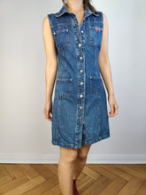 Load image into Gallery viewer, The Morgan Dark Blue Denim Mini dress | Vintage Y2K dark indigo jeans spring summer short sleeveless EU36 S
