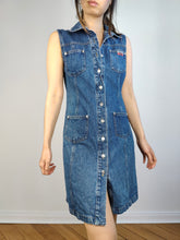 Load image into Gallery viewer, The Morgan Dark Blue Denim Mini dress | Vintage Y2K dark indigo jeans spring summer short sleeveless EU36 S

