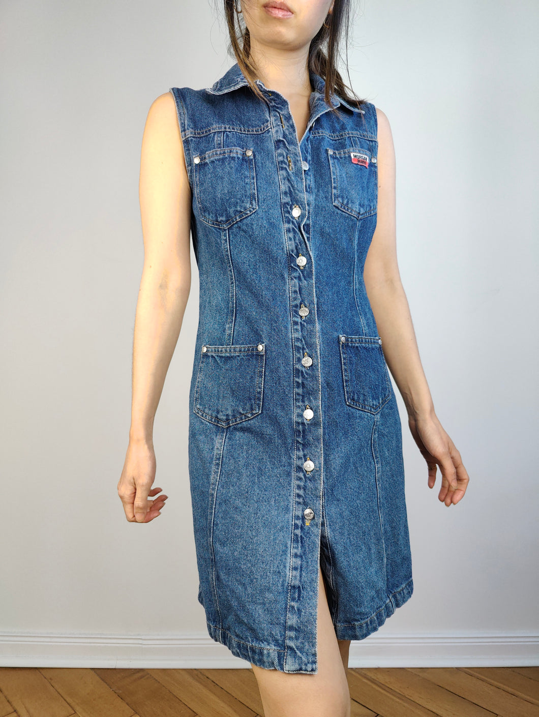Das Morgan Dark Blue Denim Minikleid | Vintage Y2K dunkle Indigo Jeans Frühling Sommer kurz ärmellos EU36 S