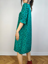 Load image into Gallery viewer, The Silk Turquoise Polka Dot Pattern Dress | Vintage Lola Kay made in Italy green black dots print midi shirt dress IT46 M
