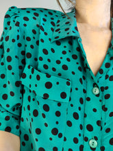 Load image into Gallery viewer, The Silk Turquoise Polka Dot Pattern Dress | Vintage Lola Kay made in Italy green black dots print midi shirt dress IT46 M
