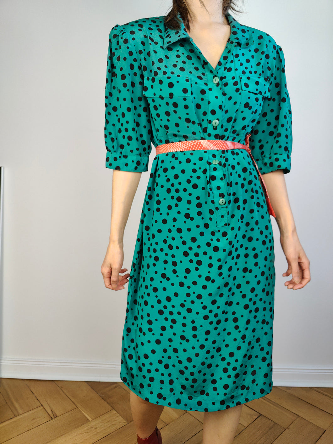 The Silk Turquoise Polka Dot Pattern Dress | Vintage Lola Kay made in Italy green black dots print midi shirt dress IT46 M