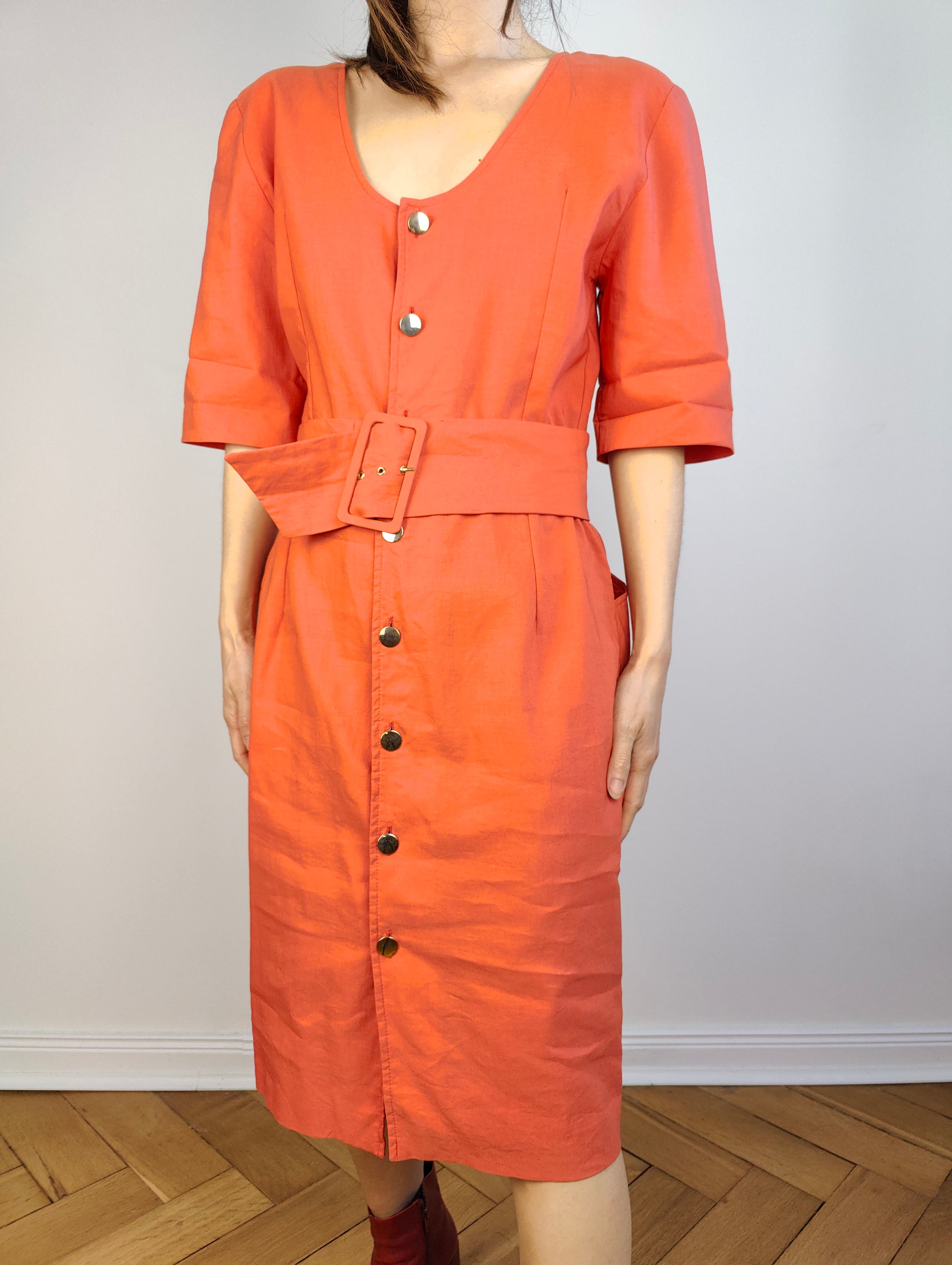 The Linen Orange Plain Belt Dress | Vintage Chiara Boni made