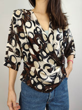 Load image into Gallery viewer, The Brown Cream Coffee Pattern Blouse | Vintage Marino Rinaldi made in Italy wrap print short sleeve women top M
