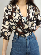 Load image into Gallery viewer, The Brown Cream Coffee Pattern Blouse | Vintage Marino Rinaldi made in Italy wrap print short sleeve women top M
