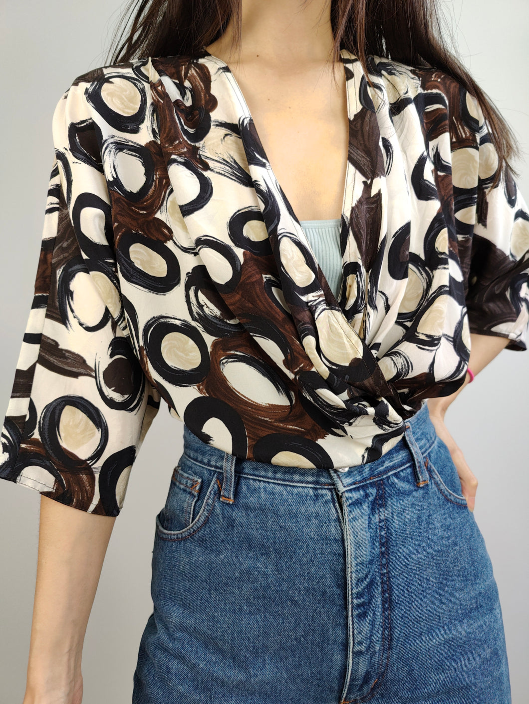 The Brown Cream Coffee Pattern Blouse | Vintage Marino Rinaldi made in Italy wrap print short sleeve women top M