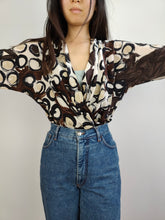 Load image into Gallery viewer, The Brown Cream Coffee Pattern Blouse | Vintage Marino Rinaldi made in Italy wrap print short sleeve women top M
