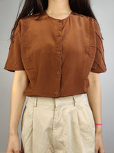 Load image into Gallery viewer, The Silk Brown Plain Short Sleeve Blouse | Vintage Diva structural stripes shirt women top S
