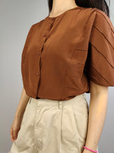 Load image into Gallery viewer, The Silk Brown Plain Short Sleeve Blouse | Vintage Diva structural stripes shirt women top S

