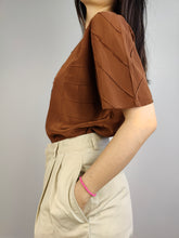 Load image into Gallery viewer, The Silk Brown Plain Short Sleeve Blouse | Vintage Diva structural stripes shirt women top S
