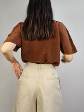 Load image into Gallery viewer, The Silk Brown Plain Short Sleeve Blouse | Vintage Diva structural stripes shirt women top S
