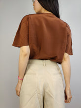 Load image into Gallery viewer, The Silk Brown Plain Short Sleeve Blouse | Vintage Diva structural stripes shirt women top S
