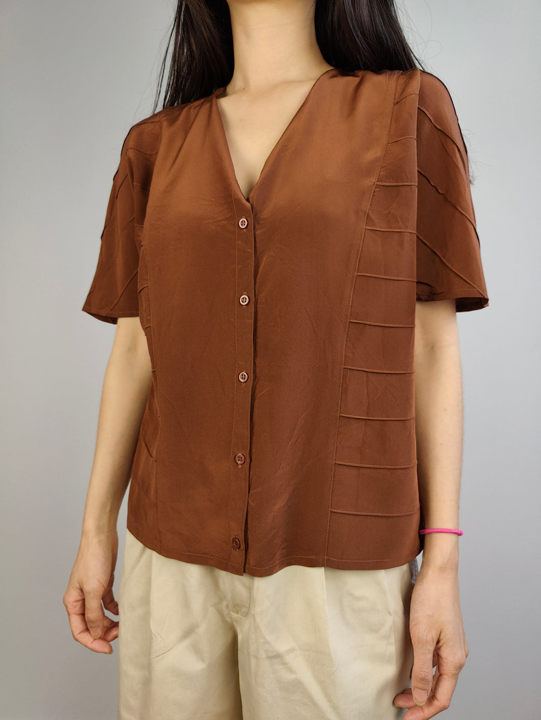 The Silk Brown Plain Short Sleeve Blouse | Vintage Diva structural stripes shirt women top S