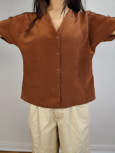 Load image into Gallery viewer, The Silk Brown Plain Short Sleeve Blouse | Vintage Diva structural stripes shirt women top S
