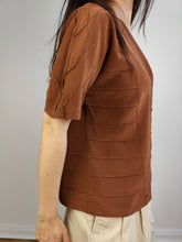 Load image into Gallery viewer, The Silk Brown Plain Short Sleeve Blouse | Vintage Diva structural stripes shirt women top S
