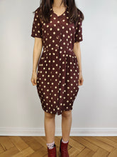 Load image into Gallery viewer, The Burgundy Polka Dot Pattern Dress | Vintage Luciano Scaramucci made in Italy brown red purple dots print midi shirt dress IT42 S
