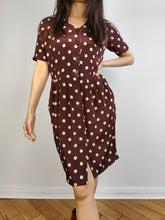 Load image into Gallery viewer, The Burgundy Polka Dot Pattern Dress | Vintage Luciano Scaramucci made in Italy brown red purple dots print midi shirt dress IT42 S
