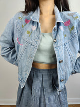 Load image into Gallery viewer, The Bianca Maria Caselli Embroidery Denim Jacket | Vintage 80s rare tulip flower floral rhine stones embroidered light blue jeans crop short jacket women S
