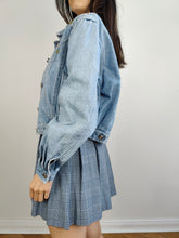 Load image into Gallery viewer, The Bianca Maria Caselli Embroidery Denim Jacket | Vintage 80s rare tulip flower floral rhine stones embroidered light blue jeans crop short jacket women S
