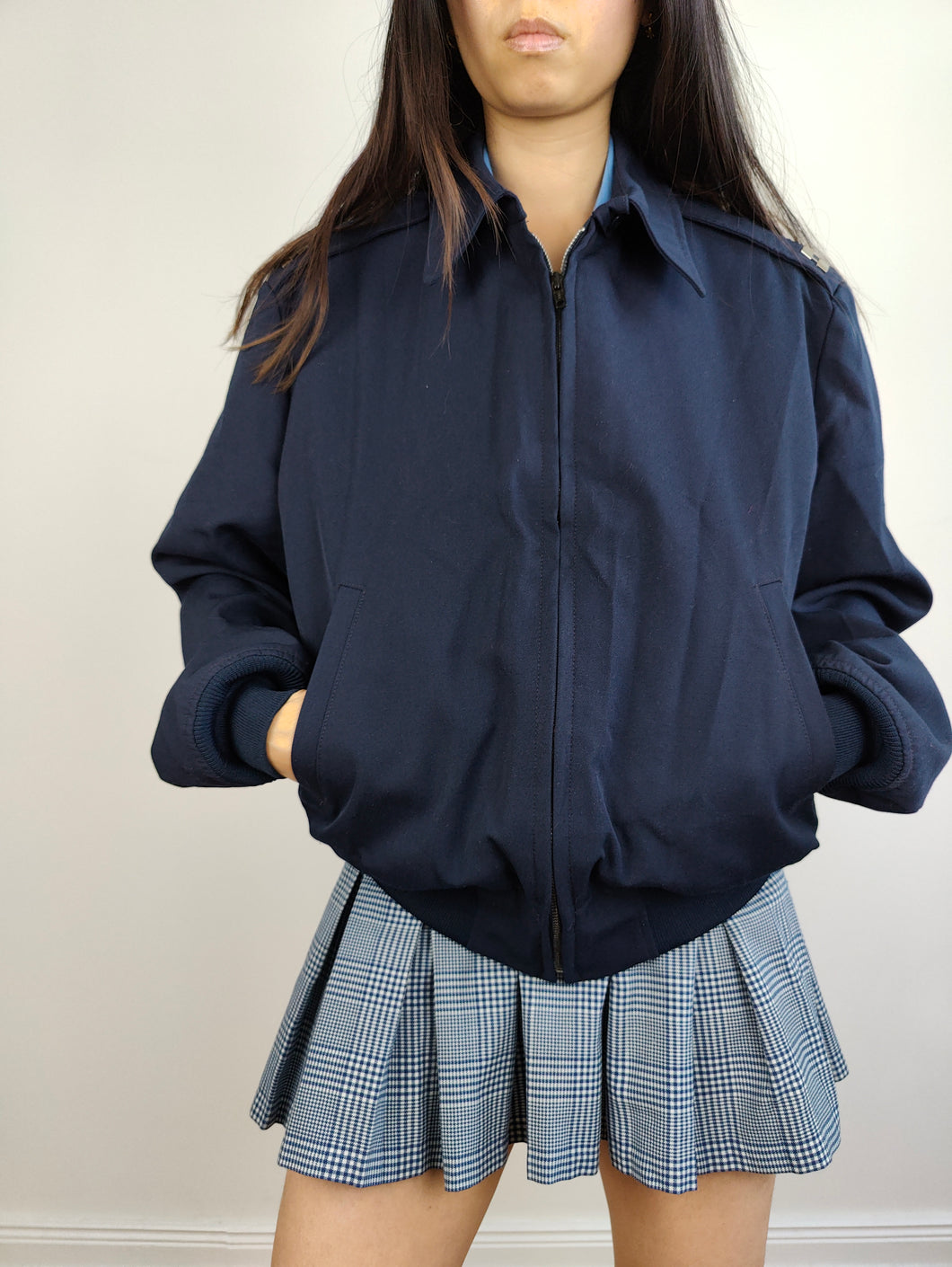 The Navy Blue 2-in-1 Bomber Jacket | Vintage wool blend plain short coat dark blue vest S