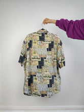 Load image into Gallery viewer, The Silk Beige Yellow Patch Pattern Shirt | Vintage 90s Angelo Litrico 100% silk short sleeve crazy print unisex men 41/42 L
