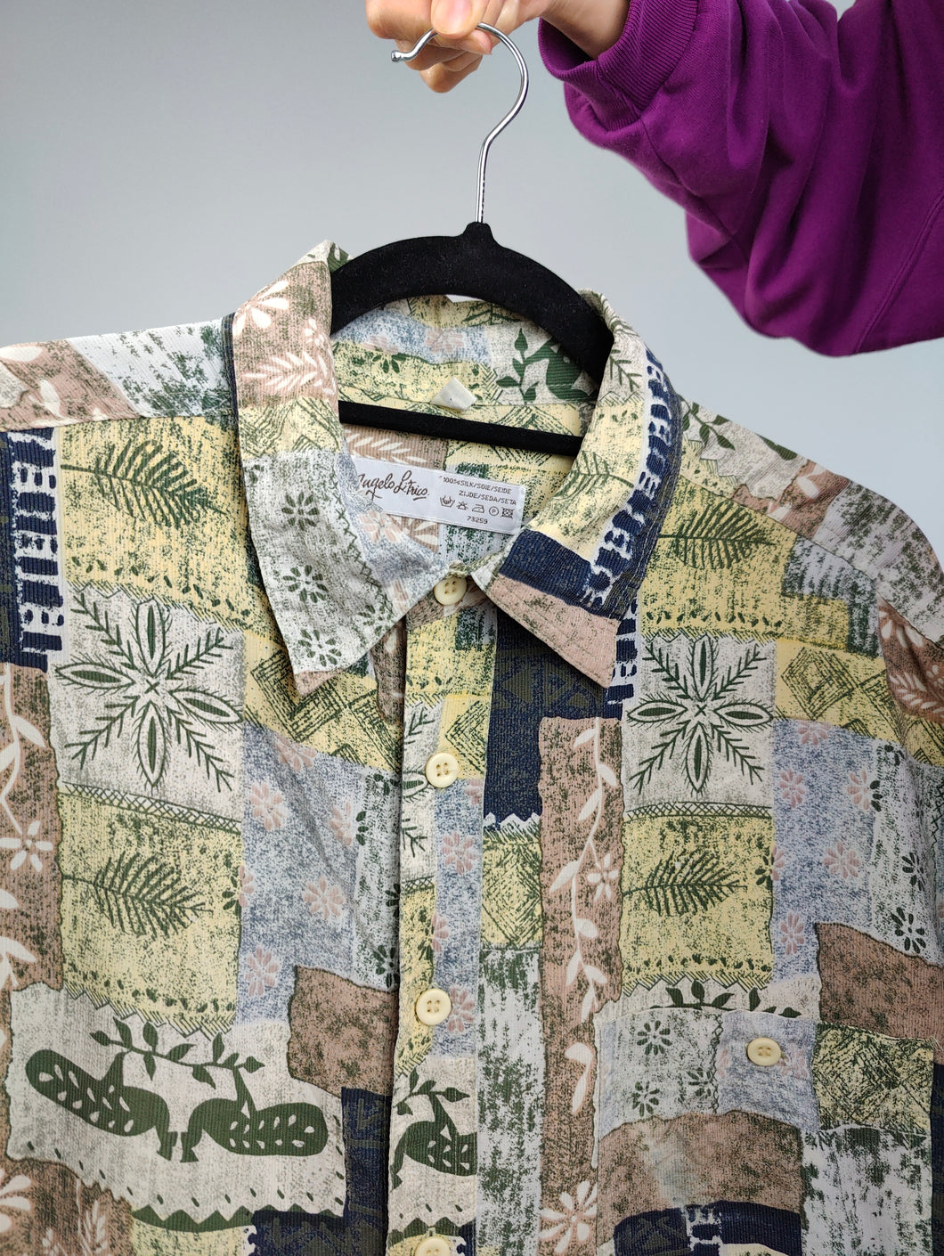 The Silk Beige Yellow Patch Pattern Shirt | Vintage 90s Angelo Litrico 100% silk short sleeve crazy print unisex men 41/42 L