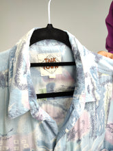 Load image into Gallery viewer, The Baby Blue Art Pattern Shirt | Vintage 90s Talk of The Town viscose blue pink long sleeve art abstract crazy print unisex men 41/42 L

